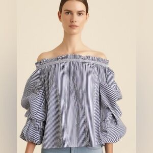 Revamped Black & White Striped Peasant Puffed Sleeve Blouse Size Medium